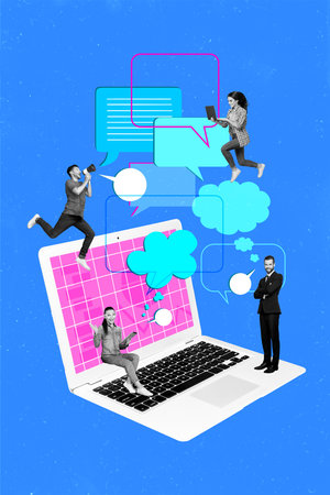 Vertical creative collage poster busy young people business affairs online communication huge laptop...