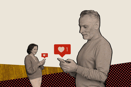 Horizontal retro magazine photo collage of sweet elderly couple send message like love heart on...