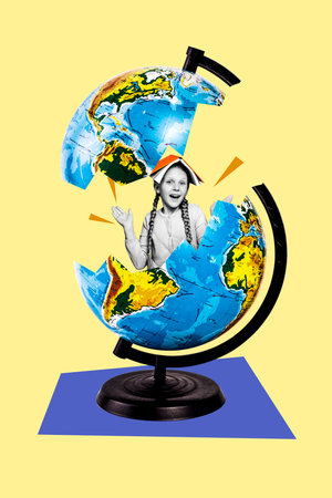 Vertical creative image picture collage young little girl pupil study geography broken globe planet earth education learnerの写真素材