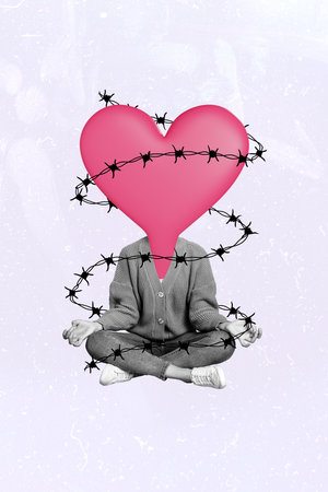 Composite collage image of female heart instead head barbed wire valentine day love dating concept magazine surrealism metaphor psychedelicの写真素材