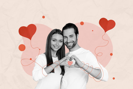 Horizontal cute collage picture of pretty smiling lady guy couple embracing show heart by hands like love february drawing backgroundの写真素材