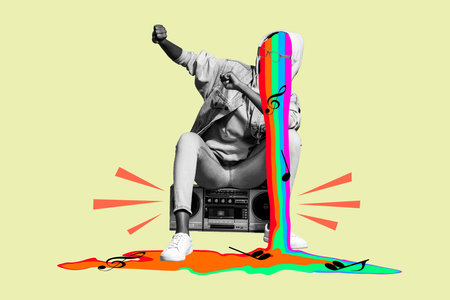 Poster collage sketch of cheerful unknown incognito person listening music boombox have fun