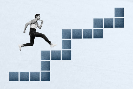 Horizontal minimal photo collage of running purposeful young guy progressive career stairs achieving success isolated on gray backgroundの写真素材