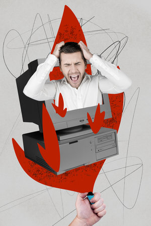 Vertical collage creative poster monochrome effect stressful depressed aggressive young man illness fire problem white backgroundの写真素材