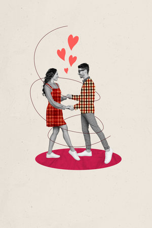 Vertical romantic collage of young happy cozy couple boyfriend girlfriend hold hand dance together look in eyes holiday date heart like on beige backgroundの写真素材