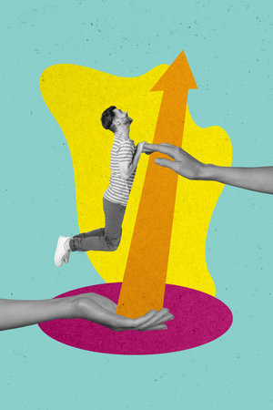 Vertical creative collage image of happy young man hang achieve work result arrow up hands support weird bizarre unusual fantasy billboardの写真素材