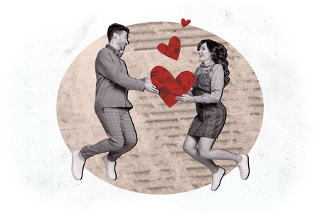 Composite collage image of funny couple jump have fun valentine day love dating concept magazine surrealism metaphor psychedelicの写真素材