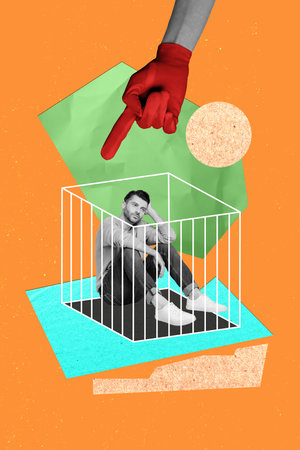 Vertical illustration collage of young funny guy stressed sitting in trap birdcage when boss finger abuse isolated on orange backgroundの写真素材