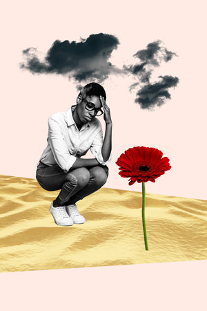 Vertical collage creative poster sitting depressed sad young girl single flower sand dark clouds mental problem lonely melancholyの写真素材