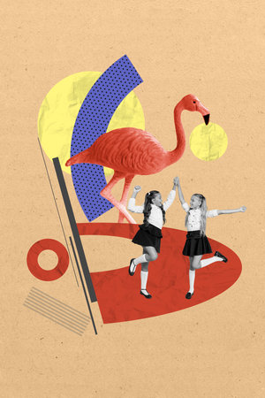 Exclusive collage illustration of two small girls children after school visit zoo to see wild flamingo isolated on beige color backgroundの写真素材