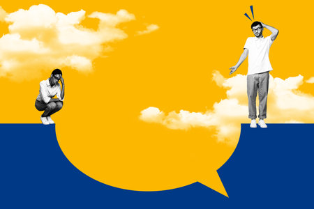 Creative collage picture banner two arguing person feel sad confused disagreement conflict huge message bubble notification iconの写真素材