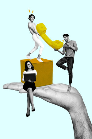 Vertical creative collage workers colleagues working together coworking remote huge telephone call discuss distance employeeの写真素材