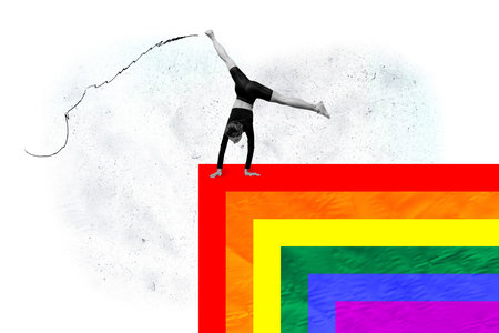 Creative photo collage young sporty girl do gymnastic exercise aerobics physical training equality...