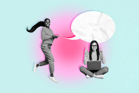 Creative pinup pop collage of two people bloggers using modern technology chatting on web forum