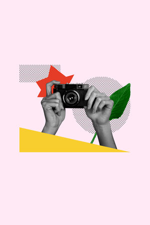Creative vertical picture photo collage black white hands hold camera take photo filming outside...