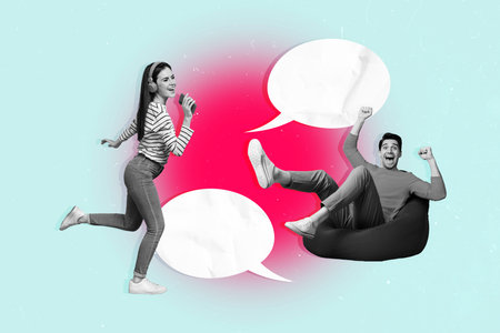 Creative collage of two excited black white colors people sit bean bag raise fists dance sing smart...