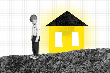 Vertical creative collage picture cry sadness unhappy small kid boy homeless orphan alone sketch unusual black yellow templateの写真素材