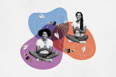 Photo collage picture poster banner two young friends communicate worldwide mobile phone social network media texting paper planeの写真素材