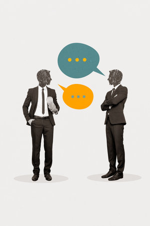 Vertical creative photo collage of two faceless businessmen colleagues have conversation discussing work isolated on white backgroundの写真素材