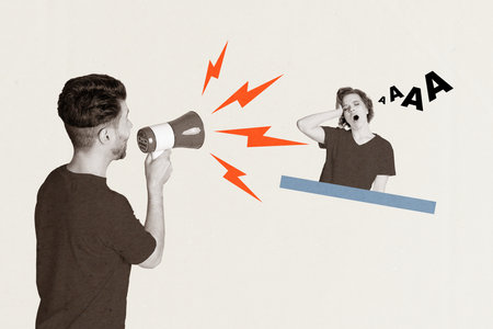 Horizontal composite photo collage of businessman boss hold megaphone scream at lazy employee woman yawn tired on beige backgroundの写真素材