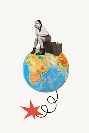 Creatve photo collage picture unhappy sad upset lady sitting luggage planet earth homeless tourist refugee white backgroundの写真素材