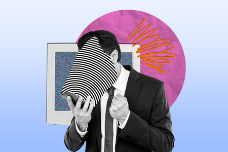 Photo collage standing business man worker browsing phone get disinformation propaganda hypnosis...