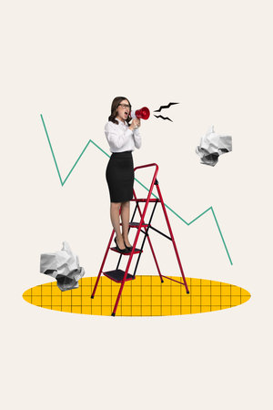 Vertical creative composite abstract photo collage of angry bossy woman stand on ladder scream in megaphone isolated drawing backgroundの写真素材