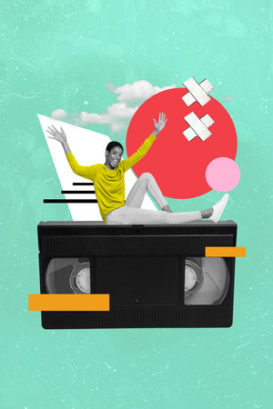 Abstract template graphics collage image of excited lady sitting vintage video cassette isolated colorful backgroundの写真素材