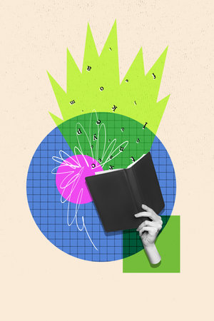 Vertical photo collage sketch picture of human arm hold book read encyclopedia dictionary knowledge intelligence development conceptの写真素材