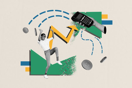 Collage creative poster black white filter happy excited joyful young woman leisure hand hold terminal cash coin dance exclusive templateの写真素材