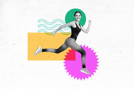 Horizontal creative photo collage illustration sport gymnastics excited happy smiling sportswoman runner marathon on abstract backgroundの写真素材