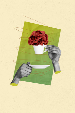 Vertical collage picture illustration monochrome effect hold miniature cup plate coffee tea beverage doodle sketch drawing abstractの写真素材