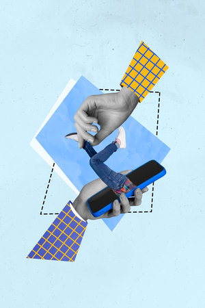Vertical template funny collage of addicted person falling inside smartphone browsing social medias isolated on blue color backgroundの写真素材