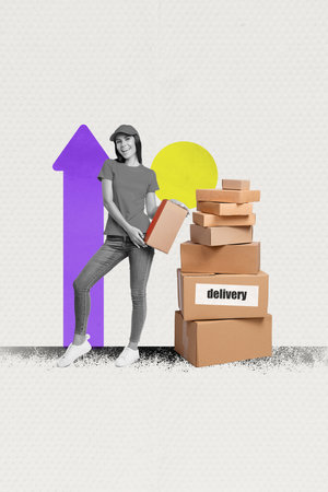 Vertical composite image photo collage of young smiling postwoman hold package stack of boxes express delivery service on black fridayの写真素材