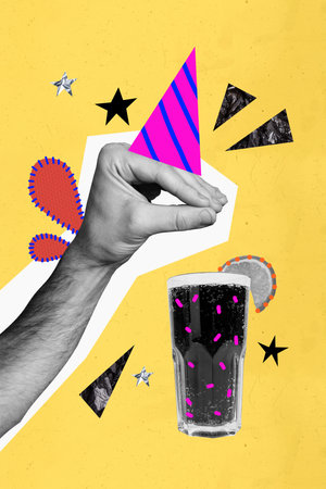 Photo collage coca cola with whiskey and orange lemon slice fingers gesturing person symbol in festive cone isolated on yellow background