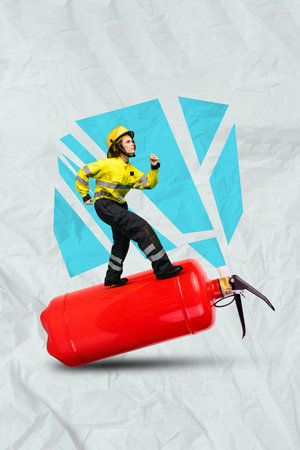 Creative 3d photo artwork graphics collage painting of confident firewoman ready save people isolated drawing backgroundの写真素材