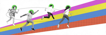 Collage creative illustration black white filter young successful team women men fast run hurry way...