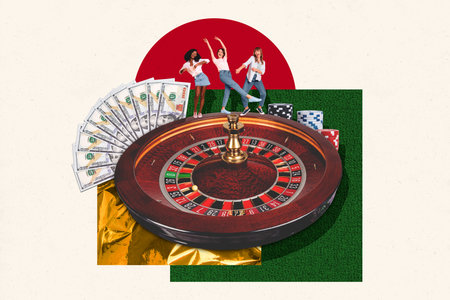 Collage creative image illustration funny excited three young women win dance casino gambling fortune miniature poker colorful templateの写真素材