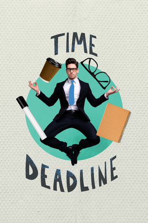Vertical collage creative poster peaceful harmony successful young man meditation multitasking time deadline white turquoise backgroundの写真素材