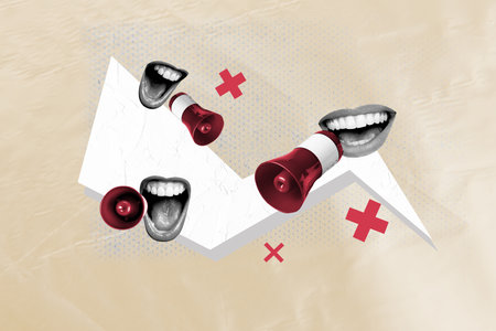 Composite collage image of mouths yelling screaming each other holding onto megaphone loudspeakers isolated on beige color backgroundの写真素材