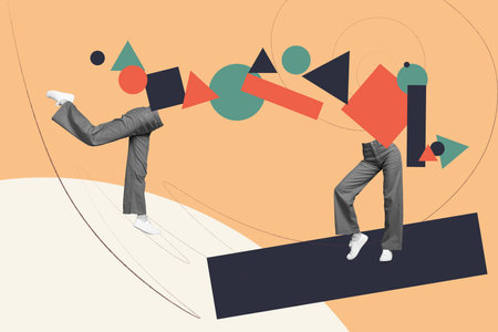 Collage picture image monochrome effect caricature two half woman pose flexible element colorful figure doodle unusual beige backgroundの写真素材