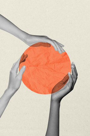 Vertical collage picture illustration monochrome effect hand hold big sphere tenderness touch power teamwork friends white backgroundの写真素材