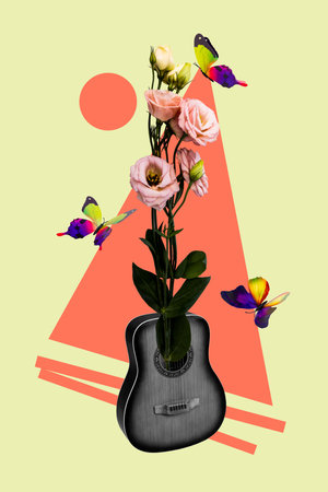 Creative vertical picture collage lovely black white acoustic guitar fresh flowers blossom tulips flying butterflies drawing backgroundの写真素材