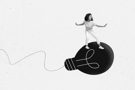 Horizontal creative surreal photo collage of excited crazy woman surfing on big light bulb intelligence inspiration idea conceptの写真素材