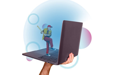 Collage illustration of grandfather with baseball beat hate slow loading computer cant download social medias isolated on white backgroundの写真素材