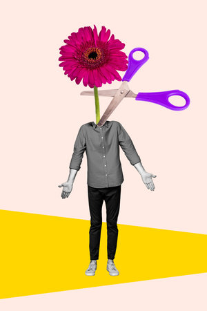 Vertical unusual collage image photo standing confused young man huge flower instead head scissors cutting plant drawing backgroundの写真素材