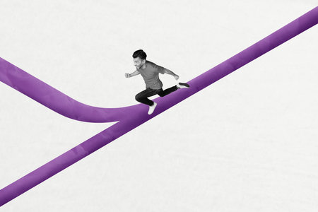 Horizontal creative photo collage of energetic funny guy run decide where to turn on road fork hurry to buy during sale motivation effortの写真素材