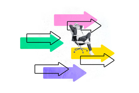 Collage creative poster black white effect old excited chill successful man sit office chair progress income white empty backgroundの写真素材