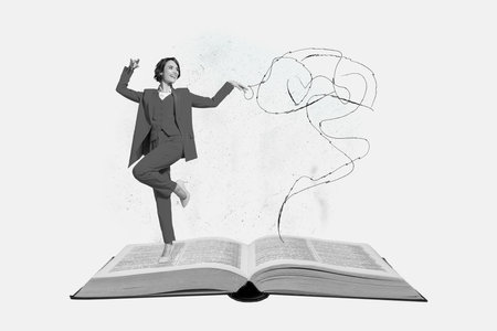 Creative image photo collage young cheerful girl student reader standing huge book story reader...