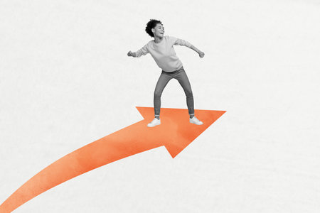 Collage picture image illustration black white filter man excited funny happy ride arrow achieve...